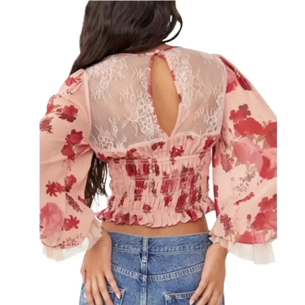 Free People Boho Daphne Pink Floral Long Sleeve Smocked Crop Top Medium NWT